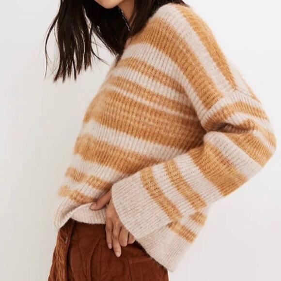 Madewell Juniper Space Dye Sweater Women M Mustard Cream Alpaca Wool Cropped - Picture 2 of 8